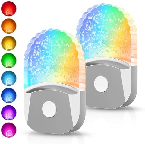 DORESshop 8-Color RGB LED Night Lights Plug Into Wall [2 Pack], Color Changing RGB LED Night Light with Dusk to Dawn Sensor for Bathroom Decor, Chrome Cover