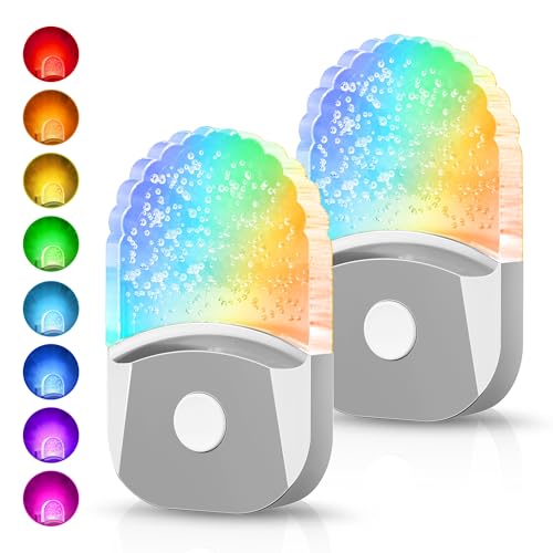 Image of DORESshop 8-Color RGB LED Night Lights Plug Into Wall [2 Pack], Color Changing RGB LED Night Light with Dusk to Dawn Sensor for Bathroom Decor, Chrome Cover