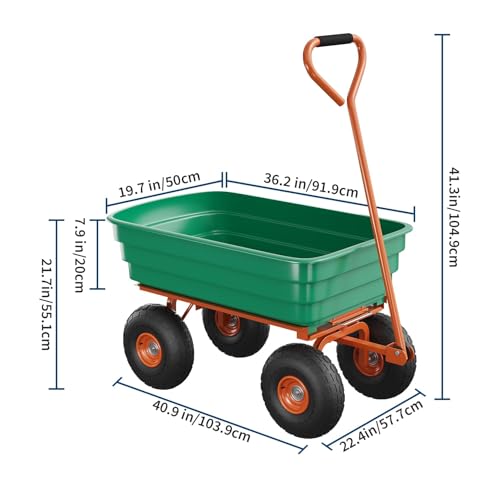 Carrito Volteo de Jardín Heavy-Duty de 4 pies cúbicos con Mango Giratorio 180° - Capacidad 600LB Todo Terreno para Jardín, Granja y Uso Exterior, Verde y Naranja miniatura 2