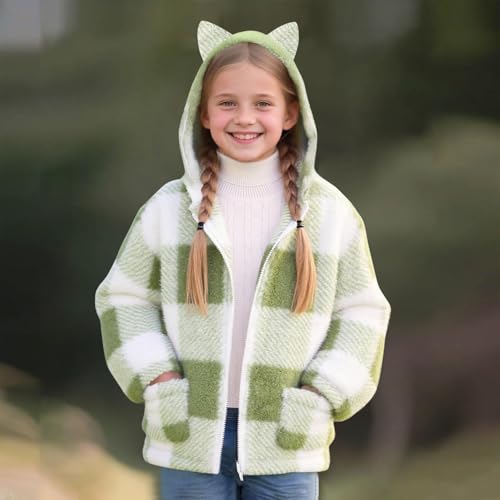 Girls Fleece Jacket with Pocket Youth Sherpa Ears Zipper Plaid Shacket Fall Fashion Hooded Outwear Warm Kids Clothes2