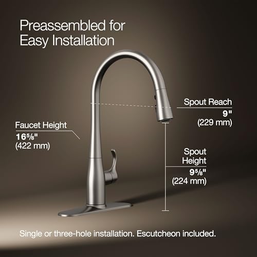 Image of KOHLER 596-VS Simplice Kitchen Sink Faucets with Pull Down Sprayer, 3-Spray Design, Vibrant Stainless Kitchen Faucets, High Arch