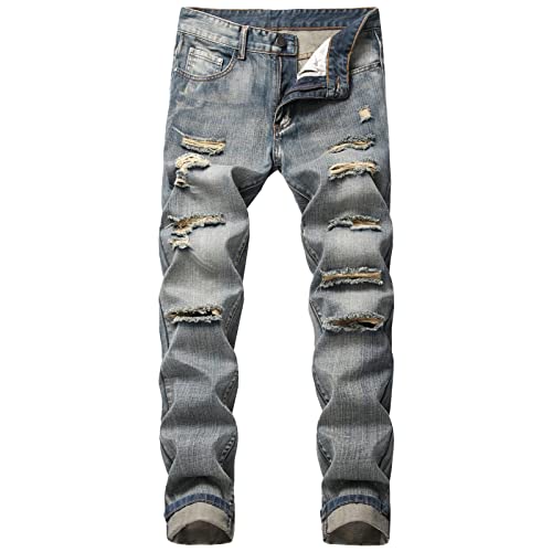 Maiyifu-GJ Ripped Jeans for Men Distressed Destroyed Regular Fit Denim Pants Straight Leg Washed Hip Hop Jean with Hole (Dark Blue 2,33)
