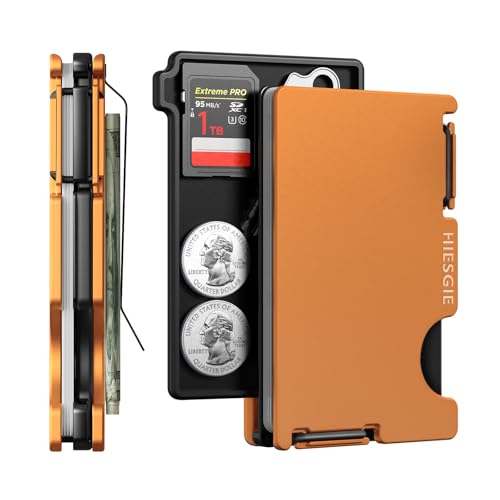 Image of Wallet for Men with Inner Key Coin Tray, Minimalist Card Holder with Money Clip, Slim Metal Front Pocket Wallet, RFID Blocking, Orange, PMLCO-02