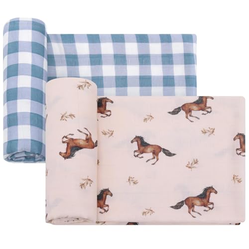 Image of LifeTree Baby Swaddle Blankets, Boys Girls Muslin Swaddling Wrap Receiving Blanket for Newborn, 70% Viscose from Bamboo and 30% Cotton, Large 47 inch x 47 inch, Horse and Blue Checkered Pattern
