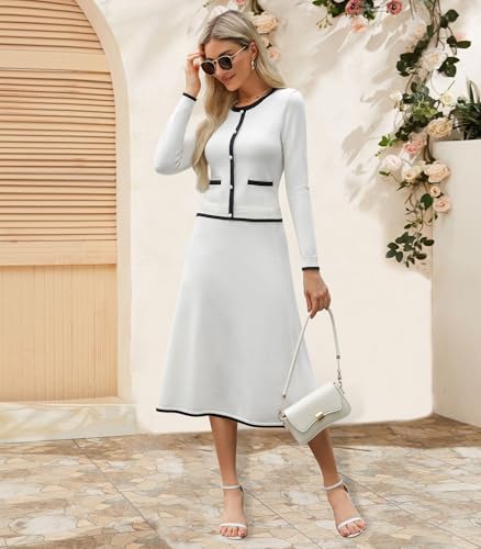 Women's Two Piece Skirt Sets Dressy Casual Knit Long Sleeve Button Crewneck Tops and Midi Dresses Matching Set Fall Outfits White3