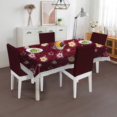 Image of The Furnishing Tree Waterproof PVC Rectangle Shaped 8 Seater Table Cover WxL 60x108 inches Floral Pattern Red with White Border lace