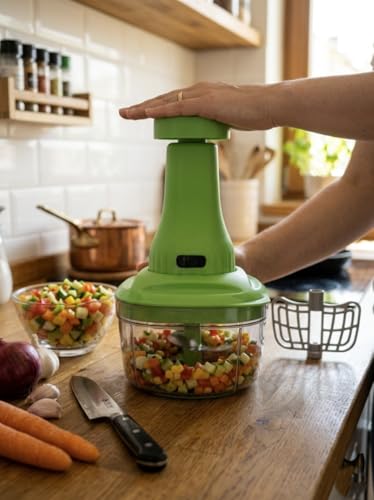 Image of Manual Push Vegetable Chopper with 6 Stainless Steel Blades (650ml, Multicolor) | Heavy Duty Hand Press Food Processor & Whisk for Onion, Salad, Chutney & Gravy