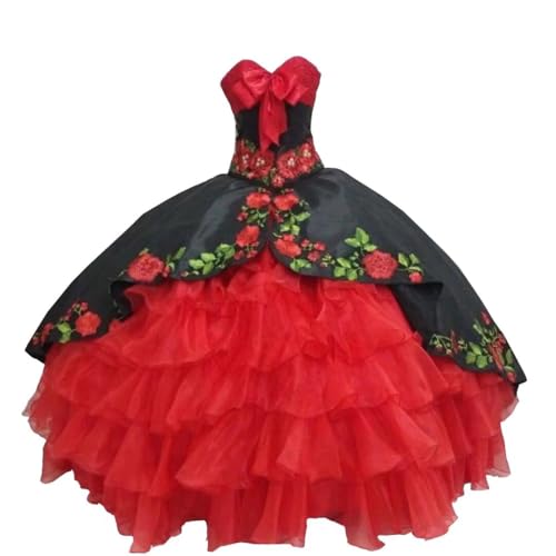 Pearls Black and Red Floral Applique Pleated Quinceanera Dresses Charro Ball Gowns Masquerade 2025