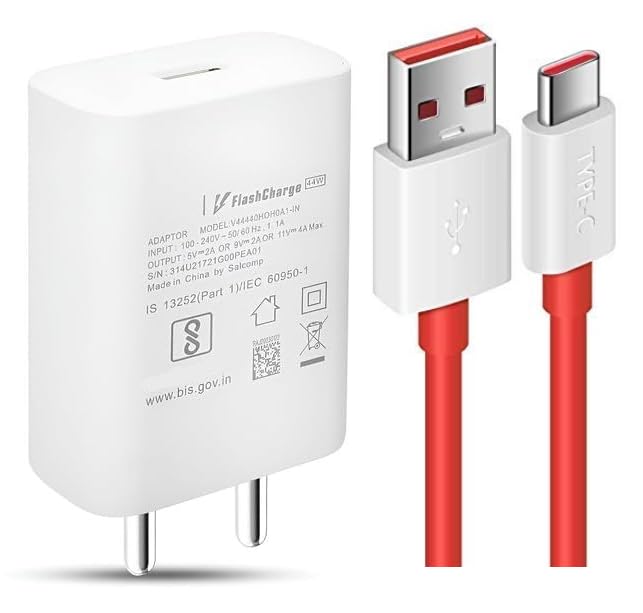 Image of 44W Fast Charger for OnePlus Ace 5 Racing Original QC Adapter Type C 3.0A High Speed Fast Turbo SuperVooc QC 3.0 Smart SinglePort with 1m Type-C Red Charging & Sync Cable (White, Dash, VT.A)