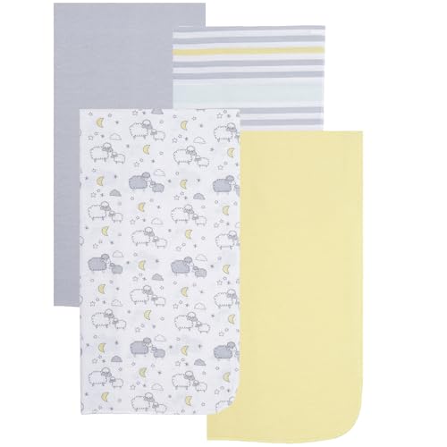 Image of EVERYDAY KIDS 4 Pack of Soft Flannel Receiving Baby Blanket Set; Yellow/Gray Baby Swaddle Blankets for Newborn Baby Boy or Girl Nursery with Mommy/Baby Sheep, Moon, Striped Pattern, Solids