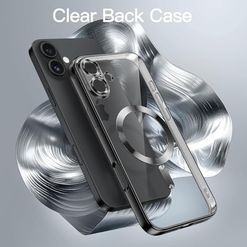 Image of VONZEE Electroplating Transparent Clear Logo Back Cover TPU Compatible with iPhone 16 Case, Compatible with Magsafe, Full Body & Individual Camera Protection for Each Lens for Men & Women (Black)