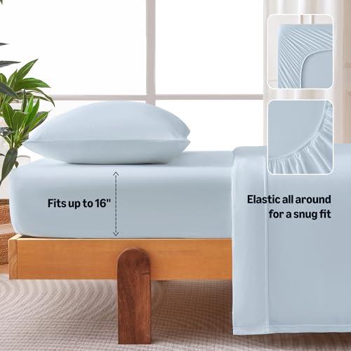 Image of Amazon Basics Jersey Knit 3-Piece Sheet Set, Wrinkle Free and Easy Fit, Includes 16 inch Deep Pocket Fitted Sheet, 1 Flat Sheet and 1 Pillowcase, Twin, Blue