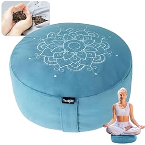 Yes4All 100% Buckwheat Hulls 15.4 Inch Zafu Yoga Bolster Pillow, Removable Velvet Cover with Extra Foam Meditation Cushion, Blue