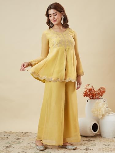 Image of MOKOSH Women's Silk Embroidered Peplum Kurta Sharara with Dupatta | Kurta Set | Ethnic Wear |Round Neck Full Sleeve Kurta | 3 Piece Outfit |Embroidered