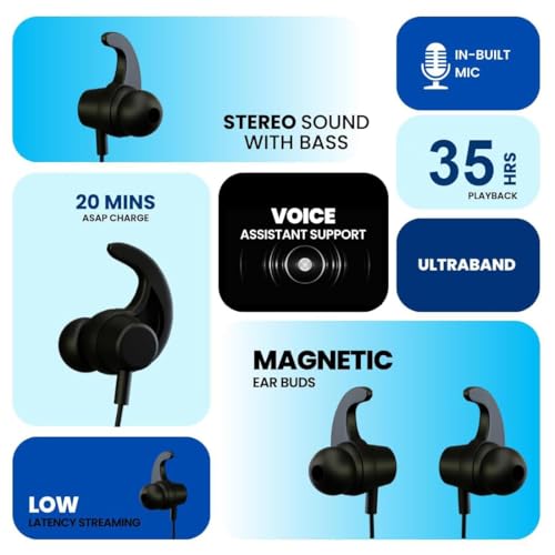 Image of Bouncefit Bluetooth Wireless Neckband, 35H Continuous Playback Battery, Deep Bass, Stereo Sound, HD Calls, Type C Fast Charging, Rich Audio, Bluetooth Neckband with Mic Earphones (Blue)