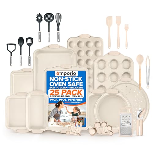 Emporio Kitchen Baking Pan Set - Nonstick Coating, Carbon Steel Bakeware Set with White Silicone Handle, PFOA, PFOS, PTFE Free, Recipe Booklet Included, Oven Safe Tray (Up To 450° F) Set of 25 - White by Emporio Kitchen - Used condition - US$40.20