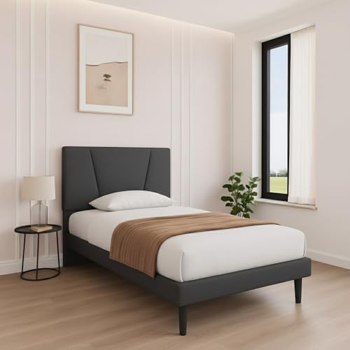 Image of Wooden Upholstered Bed Single Size Without Storage | Wrought Iron Single Size Cot with Headboard | Upholstered Bed for Bedroom | Palang Furniture for, Living Room, Dark Grey, (Dark Grey)