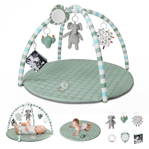 Image of Blissful Diary Baby Play Gym Mat, Play Mat Activity Mat with 6 Detachable Toys for Stage-Based Sensory & Motor Skill Development, Easy to Install & Clean, Baby Essentials Gift, Sage Green