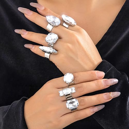 Chunky 7Pcs Silver Crystal Knuckle Rings Set Geometric Rhinestone Waterdrop Open Rings Stackable CZ Circle Square Finger Rings Jewelry Set for Women2