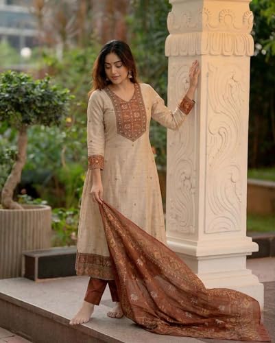 Image of ANNI Designer Kurta Sets for Women Viscose Printed | Kurta Pant Dupatta Set | A-Line Kurti Set for Women | Round Neck 3 /4 Sleeve Ethnic Suit | Designer Indian Kurti Outfit with Pants