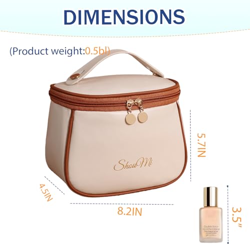 Makeup Bag Toiletry Bag for Women Portable Cosmetic Organizer with Brush Holder Waterproof Travel Toiletry for Women with Handle and Divider(Brown white)3