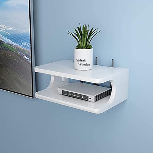 Image of Sidrah Floating TV Shelf Set Top Box Stand | WiFi Router Holder Wooden Wall Shelves | Setup Box Stand for Home | Wall Mount Stylish WiFi Router Holder TV Cabinet Living Room Furniture. (White)