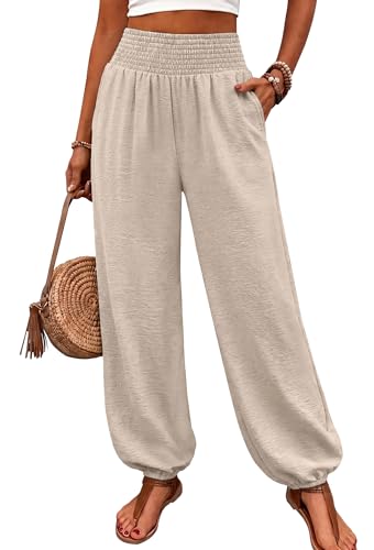 WIHOLL Women's Linen High Waisted Smocked Balloon Harem Jogger Pants Casual Summer Boho Hippie...
