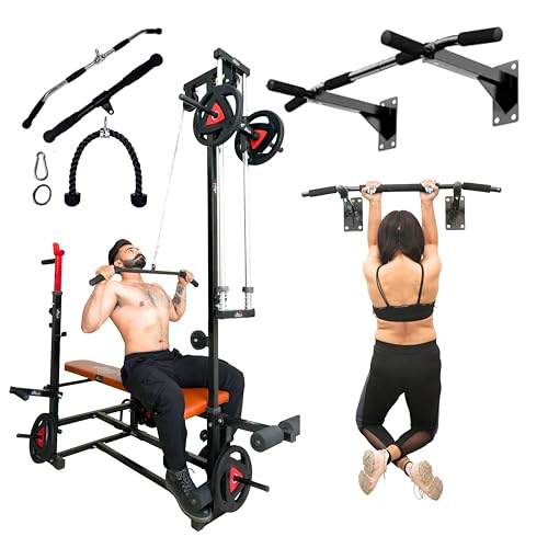 Image of 20 in 1 Home Gym Bench set, Adjustable Workout Gym Bench with Pull-Up Bar | Incline, Decline & Flat Adjustable Bench with Leather Seat, Hand Gripper & Fitness Accessories | 250KG Capacity | Black, Brown & Red