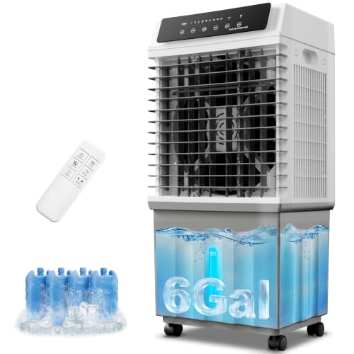 YEW 3-in-1 Windowless Swamp Cooler with 6 Gal Removable Tank, 120° Oscillation, 3 Speeds, 12H Timer & Remote, Quiet Cooling Fan for Bedroom, Garage & Patio 31IN