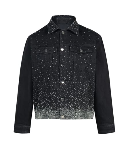 Image of SHION7 Men's Denim Jacket, Slim Fit Streetwear Jean Jackets For Men, Fashionable Embellished Rhinestone Jeans Coat