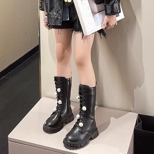 Little Girls Lace-Up Knee High Boots Winter Fashion Leather Mid Calf Combat Riding Boots Kid Girl Cute Holiday Party Long Boot Shoes4