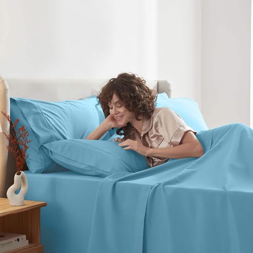 Image of Nestl Extra Deep King Sheet Set - 6 Piece Breathable & Cooling Sheets - Hotel Luxury Bedding Set w /18-24 Inch Deep Pockets - Easy & Secure Fit - Super Soft, Wrinkle Free & Comfy - Bright Blue