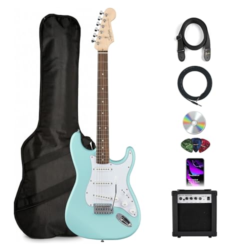 Fender Squier Stratocaster Electric Guitar - Daphne Blue Bundle with Amplifier, Gig Bag, Cable, Strap, Picks, and Austin Bazaar Instructional Video