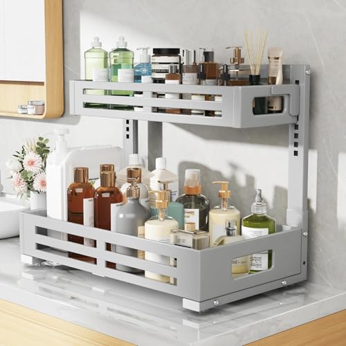 Image of 2 Pack 19IN-Depth Under Sink Organizer,Pull Out Cabinet Organizer With Smooth Cylindrical Rail,Metal Slide Out Drawer for Kitchen Bathroom Laundry,8-Level Tool Free Height Adjustable-Gun Gray