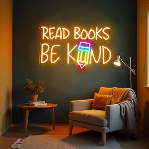 Image of Read Books Be Kind Neon Sign, Classroom LED Light, Library Wall Decor for Kid, Motivational Neon Light, Kindergarten Decor, Custom Neon Sign