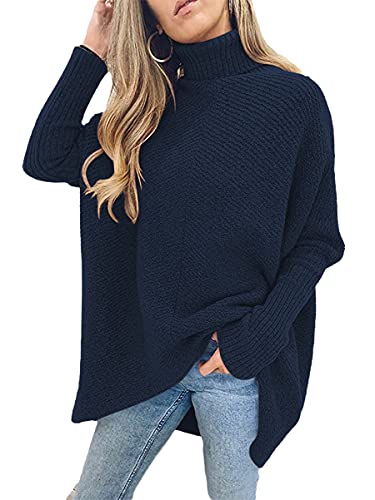 Image of ANRABESS Women's Sweaters Casual Long Sleeve Cowl Neck Solid Color Pullover Knit Sweater Tops A87zanglan-M Navy Blue