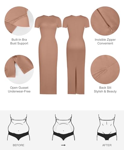 Popilush Shaperwear Dress Built-in Bra Women's Casual Lounge Dress with Zipper Short Sleeve Mock Neck Bodycon Dresses3