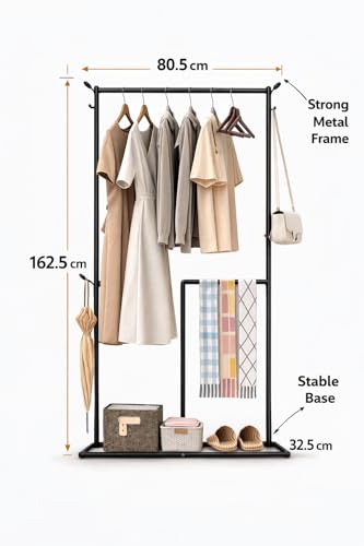 Image of Raawan Heavy Duty Double Rod Clothes Rack with Side Storage Shelves | Metal Garment Stand Organizer | Space Saving Cloth Hanger Stand for Bedroom, Living Room & PG (1 LAYER SM BLACK)