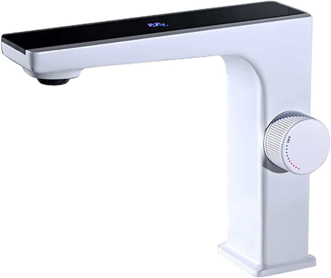 VDOQTLJT Bathroom Sink Faucet with LED Digital Display Brass Basin Mixer Tap Deck Mounted Vessel Single Handle Hole White