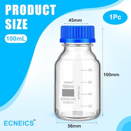 Image of Borosilicate Glass reagent bottle 100ml with leak proof Blue Screw Cap pack of 2 for glassware wide mouth chemical bottles for lab, laboratory, kitchen and professional use