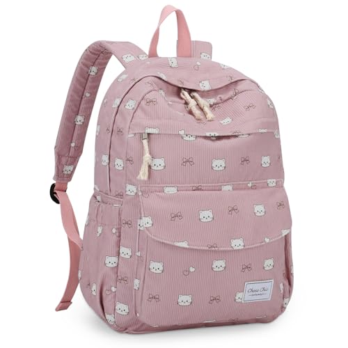 Chase Chic Corduroy Kids Backpack, Cute Aesthetic Plush Bookbag Casual Rucksack Daypack for School Toddler Girls Boys Pink Cat