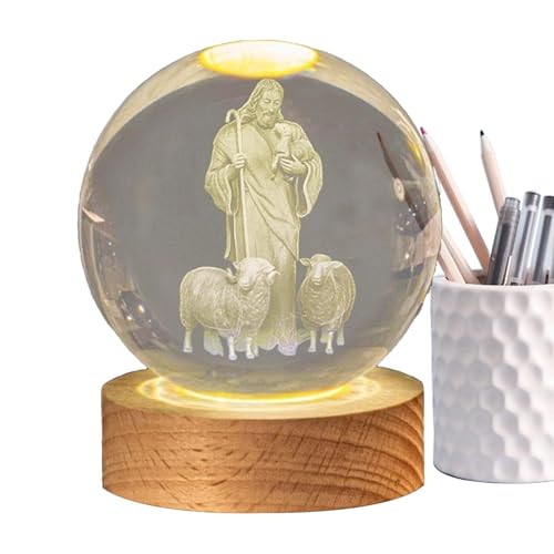 Xinhuju Bola de lámpara de lámpara con base de madera clara LED | Lámpara de grabado 3D para mesita de noche, oficina, estante, salón