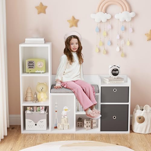 GarveeHome 44 Inch Kids Bookshelf and Toy Storage with Reading Nook & Seat Cushion, Toy Storage Organizer with 6 Cubby and 2 Extra Drawers, Kids Reading Nook for Playroom Kids Room