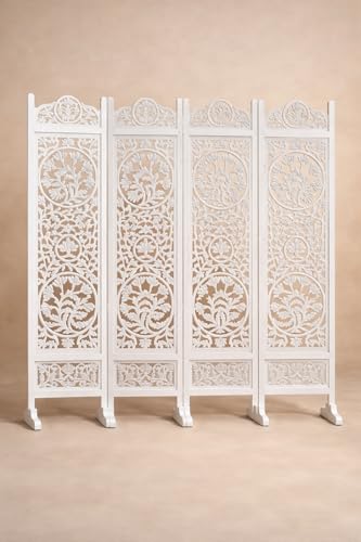 Image of Wooden Room Divider 4 Panel Foldable Privacy Screen Hand Carved Partition for Living Room Bedroom Office Decor (6 Feet 4 Panel White with Stand Each Panel Size 72X20 Inch)