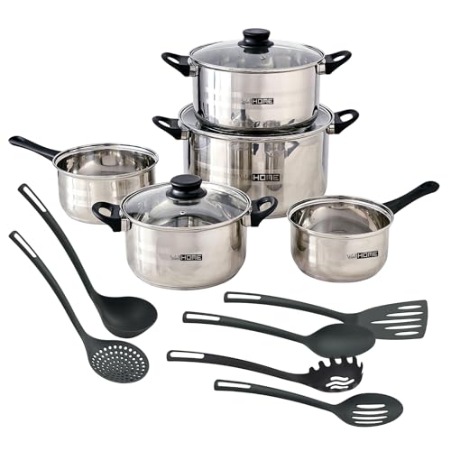Well Home Juego de Batería de cocina de 8Pc en acero inoxidable + 6 Utensilios básicos de cocina en PBT negro