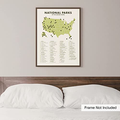National Park Checklist And Map Wall Art Poster - 12” X 16” (Unframed), Travel Wall Decor, Van Life And Cabin Decor, Bucket List Wall Art For Living Room, Bedroom, Apartment, Dorm, And More #TOP2