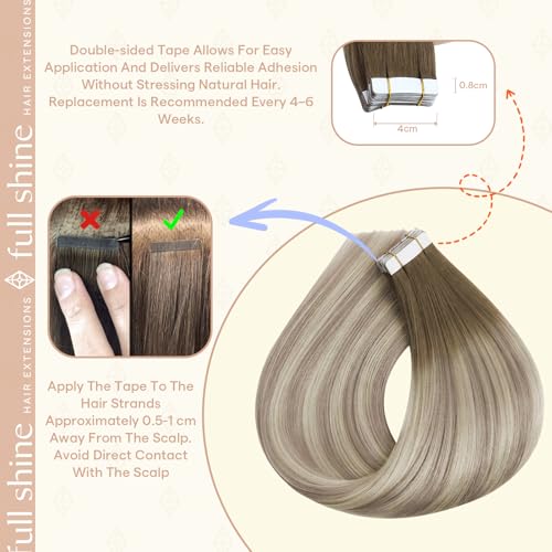 Image of Full Shine Tape in Hair Extensions, Ash Brown Blonde Ombre 14 Inch | 50g 20PCS, Seamless Skin Weft Tape Ins Human Hair Extensions, Double Sided Remy Finish Smooth Texture Daily Wear