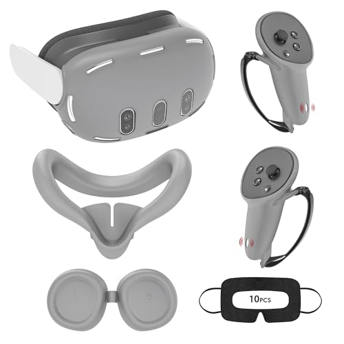 Relohas Deluxe 5 in 1 Silicone Accessories for Meta Quest 3, VR Protective Case Set for Oculus Quest 3, Controller Grip Cover, VR Shell Cover, Face Cover, Gifts for Christmas & Halloween (Grey PT)