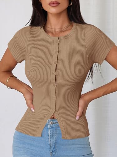 Image of Imily Bela Womens Short Sleeve Sweater Tops Summer Button Down Casual Ribbed Knit Slim Fit Cropped Cardigan Shirts