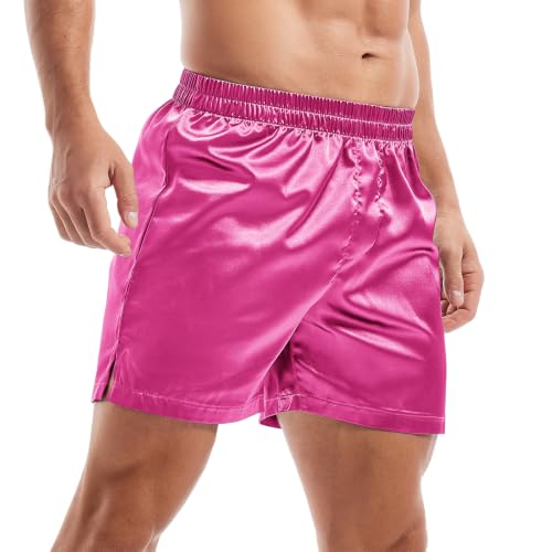 Image of AMY COULEE Mens Satin Boxer Shorts Silky Lightweight Pajama Bottoms Split Side Lounge Sleep Shorts
